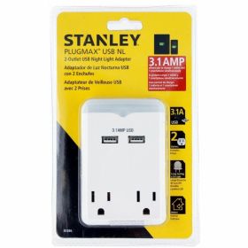Stanley 2 Grounded Outlet USB Adapter 30386 PlugMax with 3.1AMP Fast Charging + LED Night Light