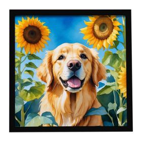Golden Retriever in Sunflowers Framed Metal Print Bathroom, Kitchen, Office, Home Decor Wall Art Ready to Hang, Square, 8X8