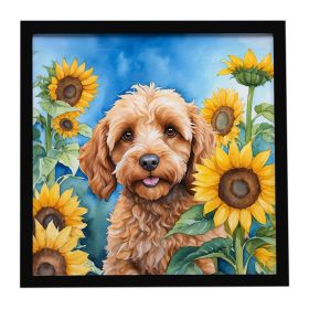 Cockapoo in Sunflowers Framed Metal Print Bathroom, Kitchen, Office, Home Decor Wall Art Ready to Hang, Square, 8X8