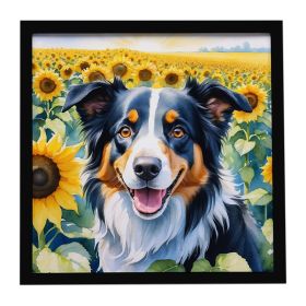 Border Collie in Sunflowers Framed Metal Print Bathroom, Kitchen, Office, Home Decor Wall Art Ready to Hang, Square, 8X8