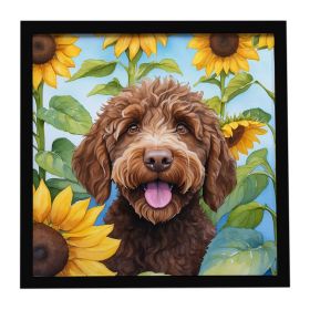 Labradoodle in Sunflowers Framed Metal Print Bathroom, Kitchen, Office, Home Decor Wall Art Ready to Hang, Square, 8X8