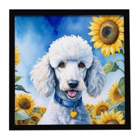 White Poodle in Sunflowers Framed Metal Print Bathroom, Kitchen, Office, Home Decor Wall Art Ready to Hang, Square, 8X8