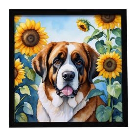 Saint Bernard in Sunflowers Framed Metal Print Bathroom, Kitchen, Office, Home Decor Wall Art Ready to Hang, Square, 8X8