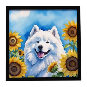 Samoyed in Sunflowers Framed Metal Print Bathroom, Kitchen, Office, Home Decor Wall Art Ready to Hang, Square, 8X8