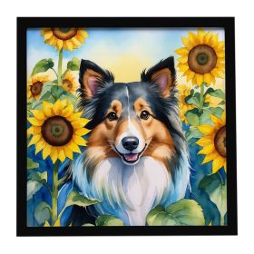 Sheltie in Sunflowers Framed Metal Print Bathroom, Kitchen, Office, Home Decor Wall Art Ready to Hang, Square, 8X8