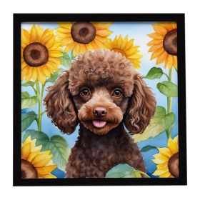 Chocolate Poodle in Sunflowers Framed Metal Print Bathroom, Kitchen, Office, Home Decor Wall Art Ready to Hang, Square, 8X8