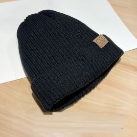 Warm Knitted Hat Japanese Style All-matching Fleece-lined Earflaps (Option: Pure Black-Average Size)